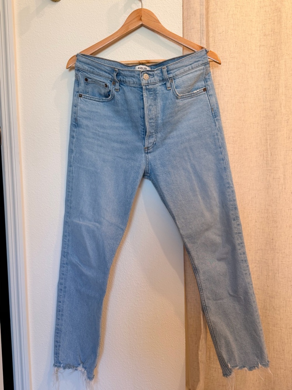 Agolde Light Blue High-Rise Straight Jeans with Raw Hem